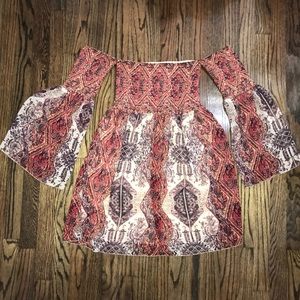 Brown print ruffle dress with peasant sleeves boho